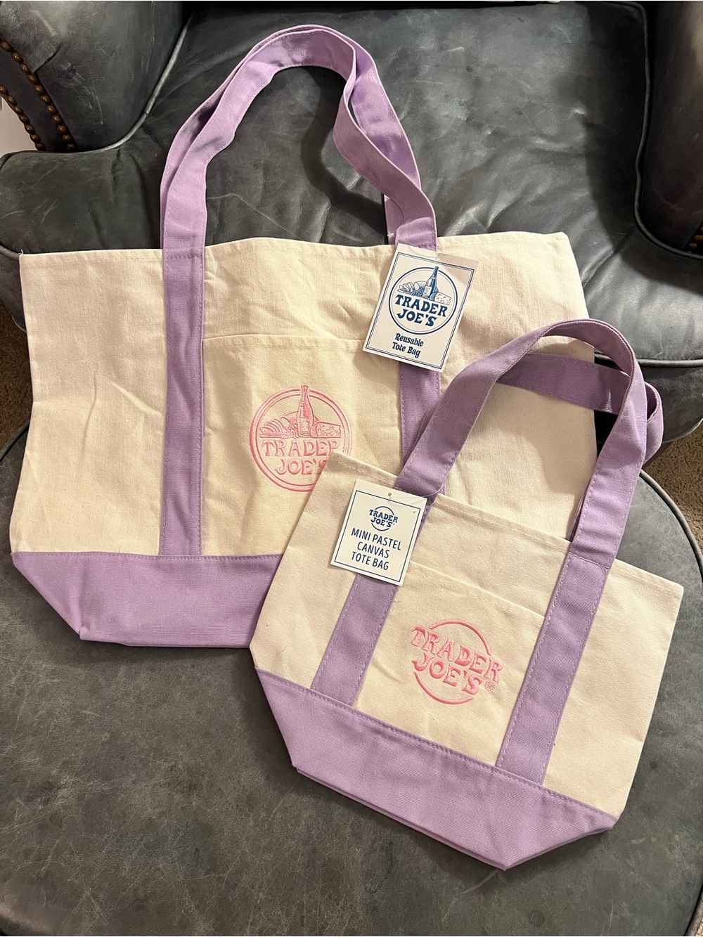 Trader Joe’s Lavender Canvas Tote and mini tote Bag Set NWT